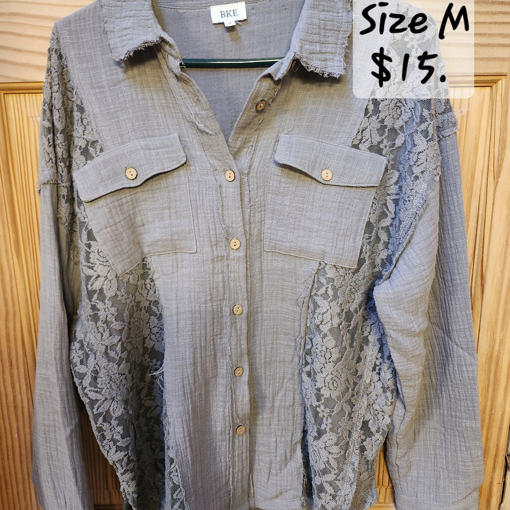BKE Gray Lace Button Down Shirt